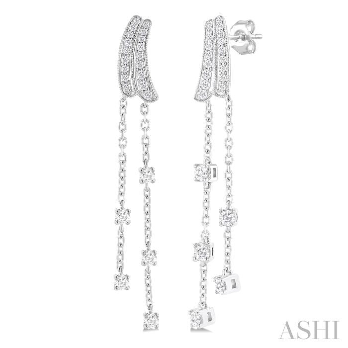 1/2 Ctw Curved Twin Pod Round Cut Diamond Chain Dangler Long Earrings in 10K White Gold