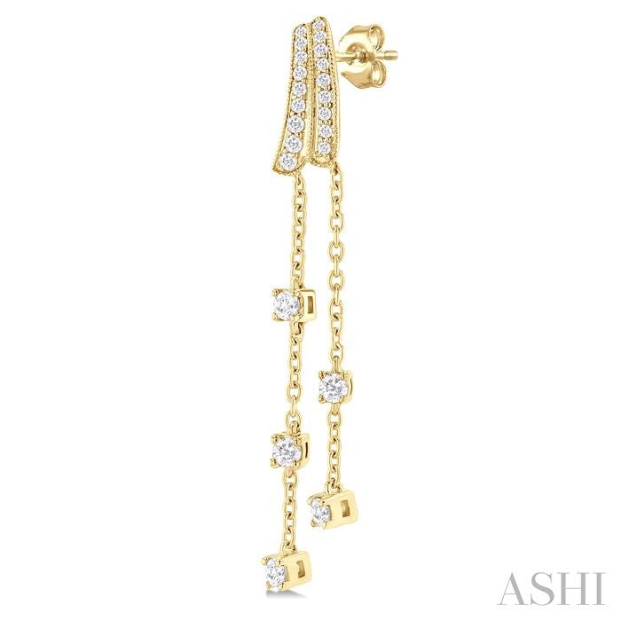 1/2 Ctw Curved Twin Pod Round Cut Diamond Chain Dangler Long Earrings in 10K Yellow Gold