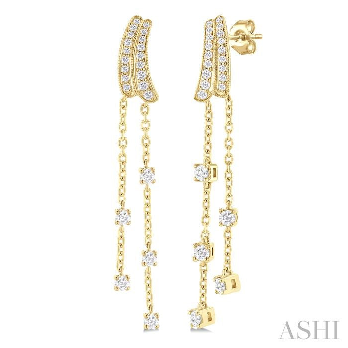 1/2 Ctw Curved Twin Pod Round Cut Diamond Chain Dangler Long Earrings in 10K Yellow Gold