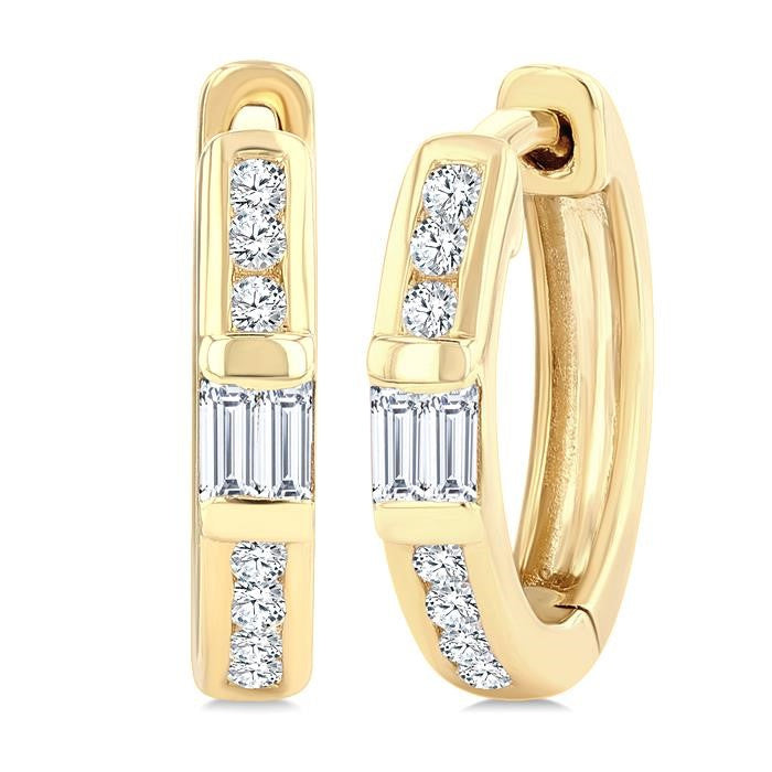 1/5 Ctw Round Cut and Baguette Diamond Channel Set Petite Huggie Earrings in 10K Yellow Gold