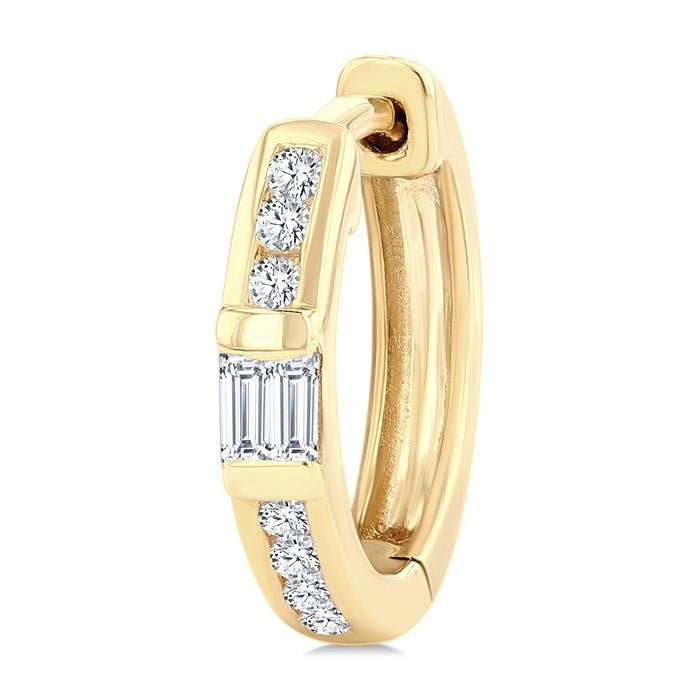 1/5 Ctw Round Cut and Baguette Diamond Channel Set Petite Huggie Earrings in 10K Yellow Gold