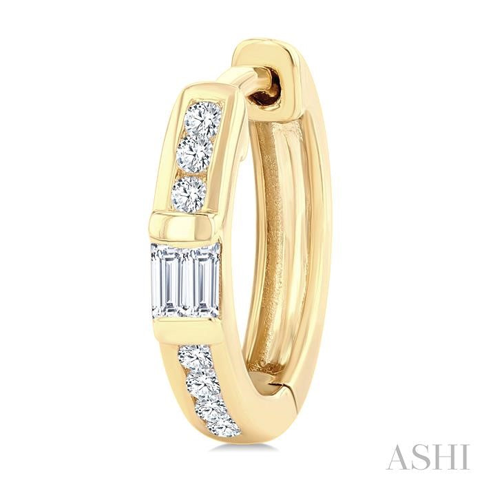 1/5 Ctw Round Cut and Baguette Diamond Channel Set Petite Huggie Earrings in 10K Yellow Gold