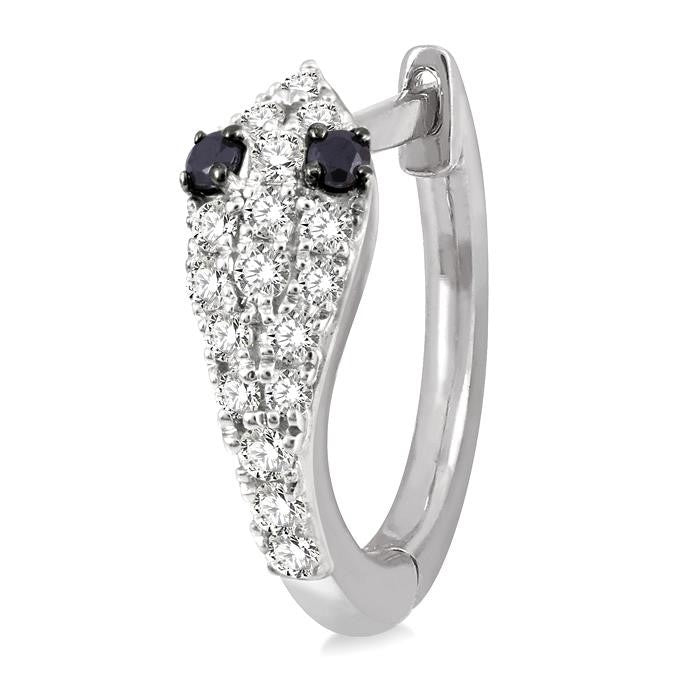 1/4 Ctw Serpent Head With Black Diamond Eyes Round Cut Diamond Huggie Petite Earrings in 14K White Gold