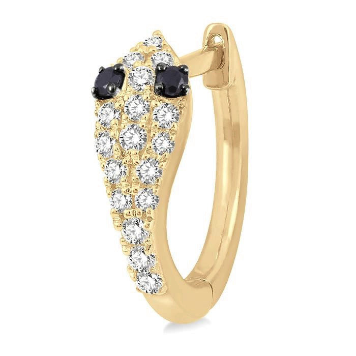 1/4 Ctw Serpent Head With Black Diamond Eyes Round Cut Diamond Huggie Petite Earrings in 10K Yellow Gold