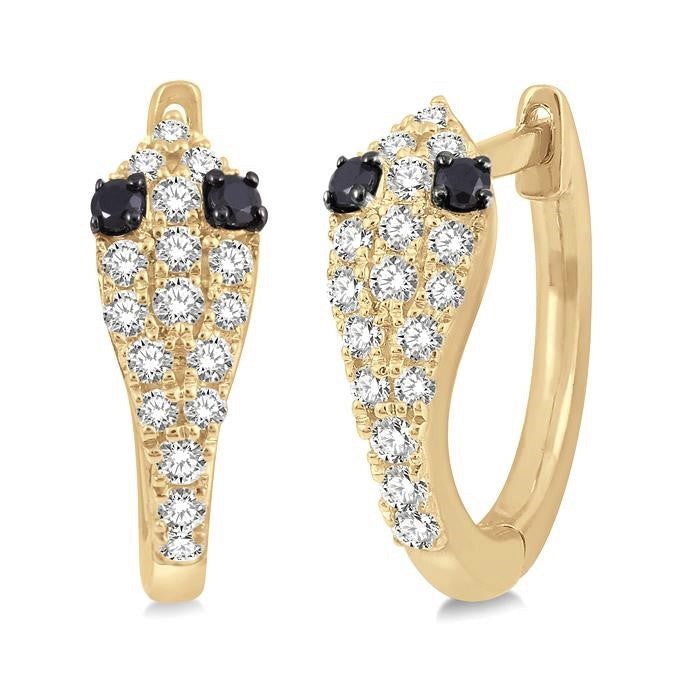 1/4 Ctw Serpent Head With Black Diamond Eyes Round Cut Diamond Huggie Petite Earrings in 10K Yellow Gold