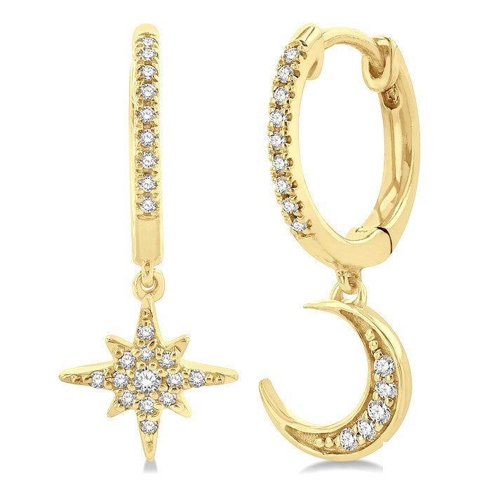 1/6 Ctw Petite Celestial Crescent & Star Round Cut Diamond Fashion Huggies in 10K Yellow Gold