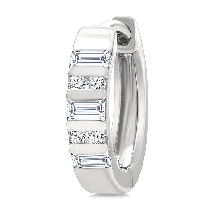 1/4 Ctw Ribbed Baguette and Round Cut Diamond Huggie Petite Earrings in 10K White Gold
