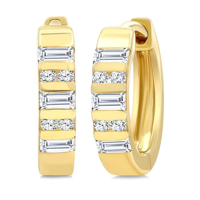 1/4 Ctw Ribbed Baguette and Round Cut Diamond Huggie Petite Earrings in 10K Yellow Gold