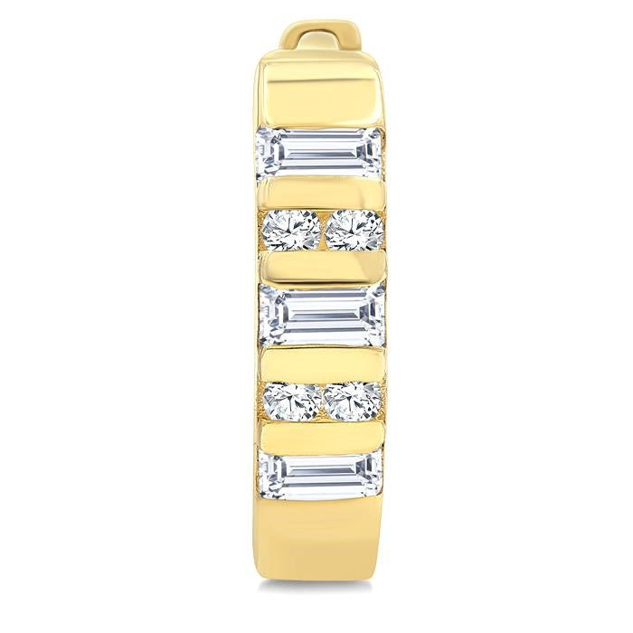 1/4 Ctw Ribbed Baguette and Round Cut Diamond Huggie Petite Earrings in 10K Yellow Gold