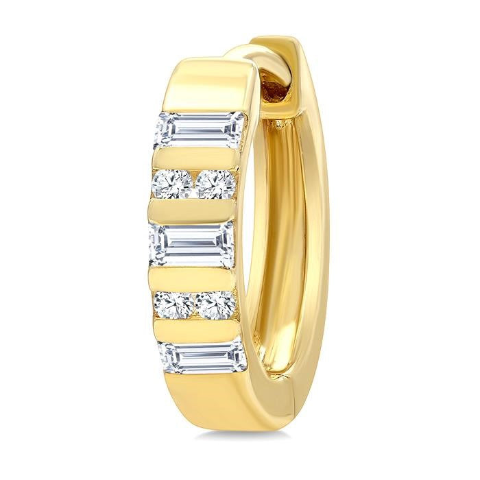 1/4 Ctw Ribbed Baguette and Round Cut Diamond Huggie Petite Earrings in 10K Yellow Gold