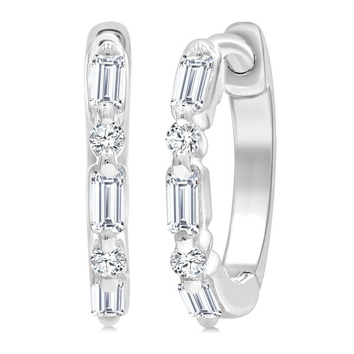 1/5 Ctw Baguette & Round Cut Diamond Petite Huggie Earrings in 10K White Gold