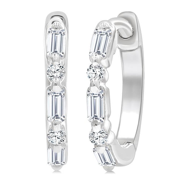 1/5 Ctw Baguette & Round Cut Diamond Petite Huggie Earrings in 10K White Gold