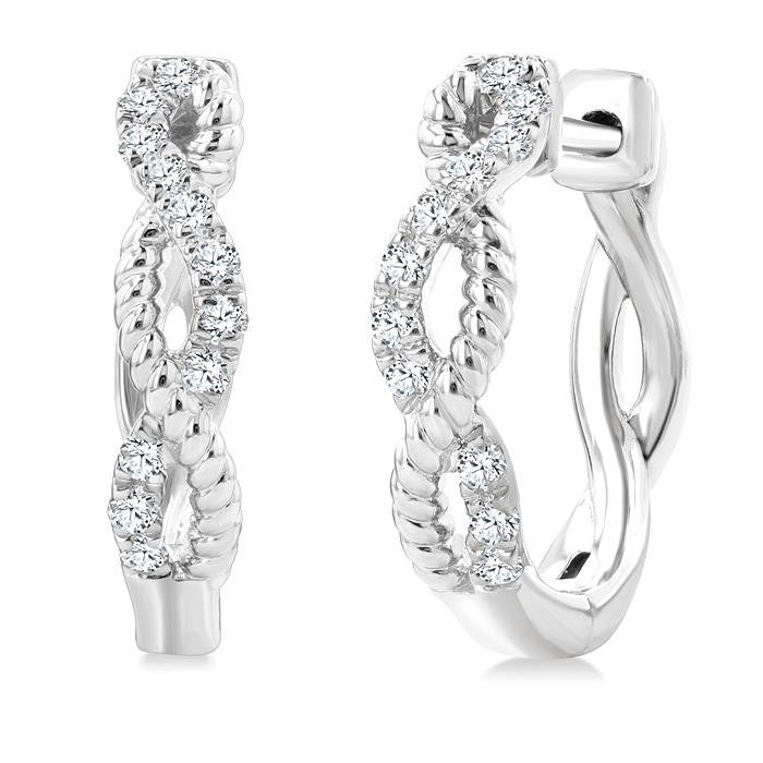 1/4 Ctw Split & Twisted Rope and Round Cut Diamond Huggie Petite Earrings in 10K White Gold