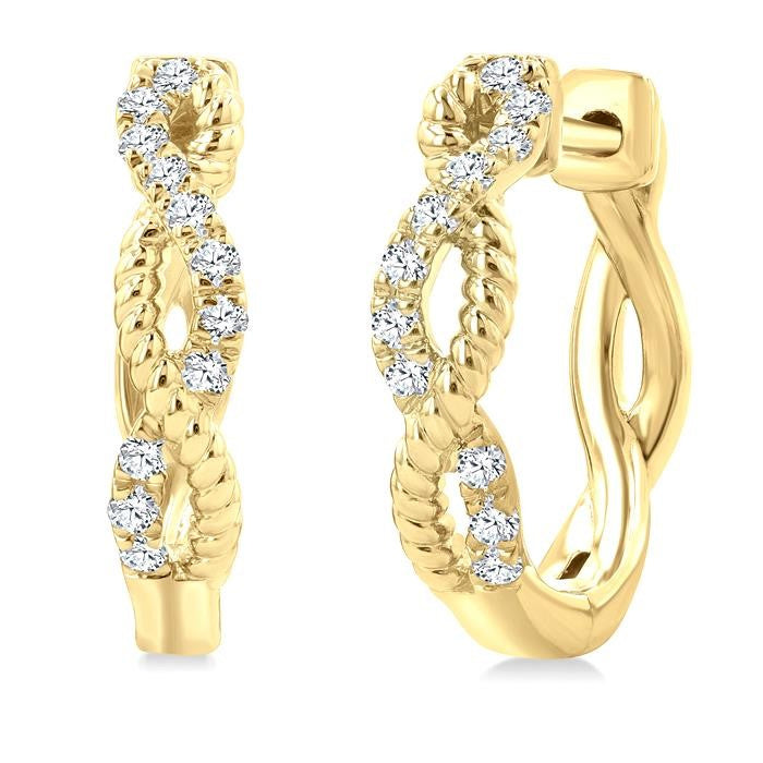 1/4 Ctw Split & Twisted Rope and Round Cut Diamond Huggie Petite Earrings in 10K Yellow Gold