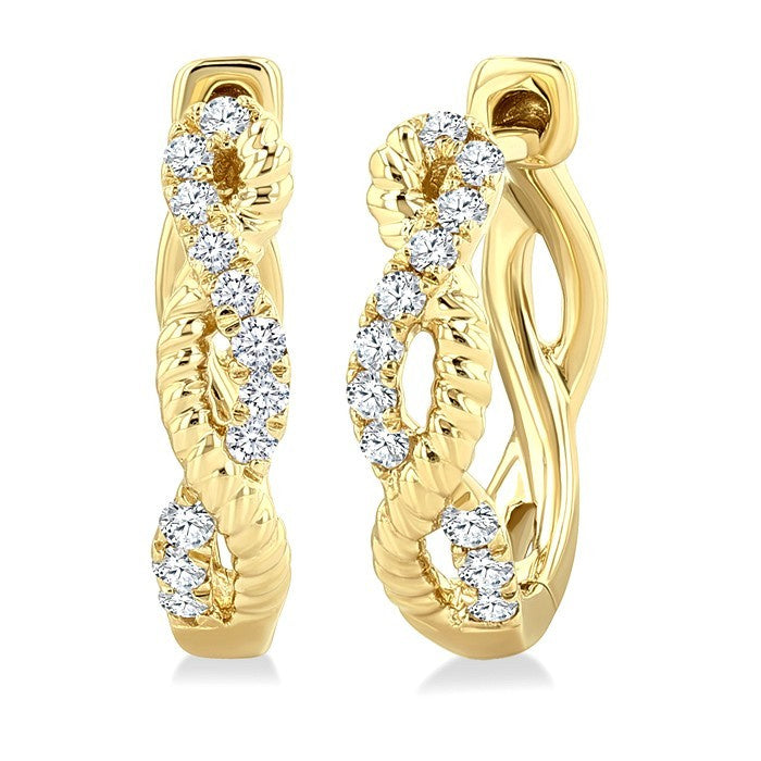 1/10 Ctw Split & Twisted Rope and Round Cut Diamond Huggie Petite Earrings in 10K Yellow Gold
