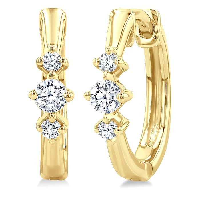 1/4 Ctw Three Stone Round Cut Diamond Hoop Earrings in 10K Yellow Gold