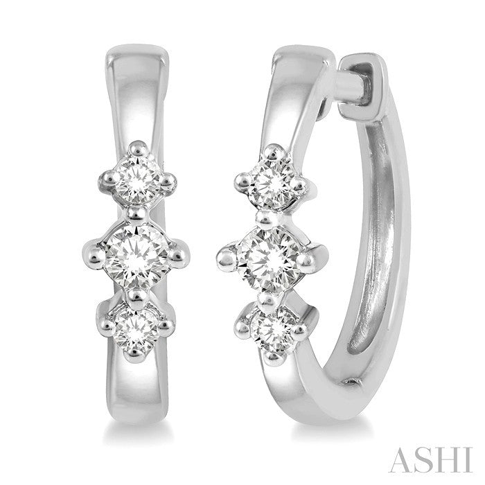 1/6 Ctw Three Stone Round Cut Diamond Huggie Petite Earrings in 10K White Gold
