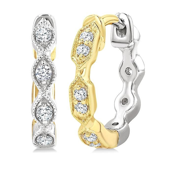 1/5 Ctw Petite Reverted Two-Tone Marquise and Hexagon Shape Round Cut Diamond Fashion Huggies in 10K White and Yellow Gold