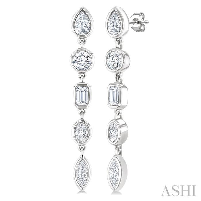 1 Ctw Bezel Set Mixed Diamond Cut Fashion Earrings in 14K White Gold