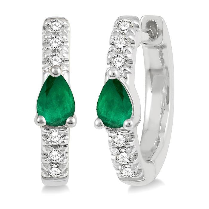 4X3 MM Pear Cut Emerald and 1/10 Ctw Round Cut Diamond Petite Huggie Earrings in 10K White Gold