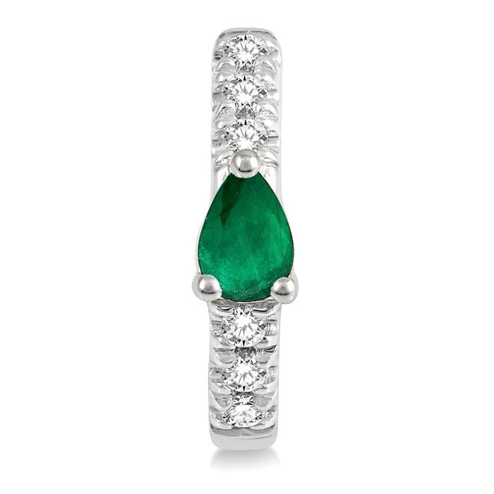 4X3 MM Pear Cut Emerald and 1/10 Ctw Round Cut Diamond Petite Huggie Earrings in 10K White Gold