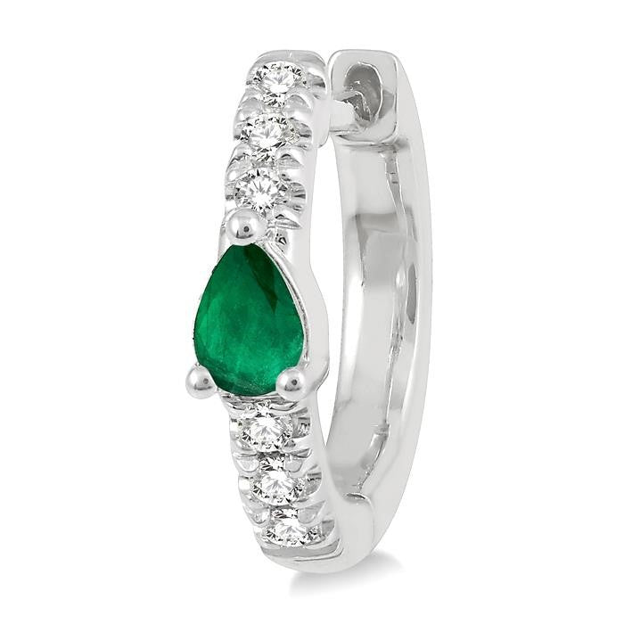 4X3 MM Pear Cut Emerald and 1/10 Ctw Round Cut Diamond Petite Huggie Earrings in 10K White Gold