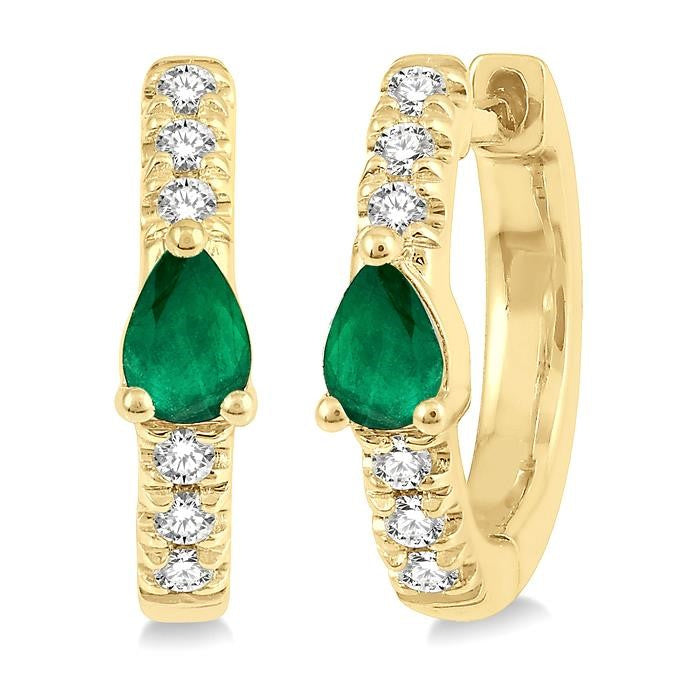 4X3 MM Pear Cut Emerald and 1/10 Ctw Round Cut Diamond Petite Huggie Earrings in 10K Yellow Gold
