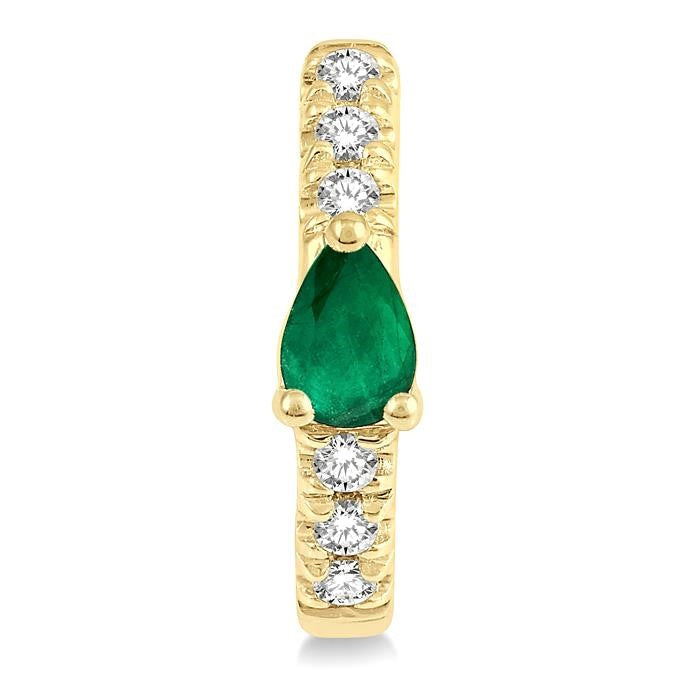 4X3 MM Pear Cut Emerald and 1/10 Ctw Round Cut Diamond Petite Huggie Earrings in 10K Yellow Gold
