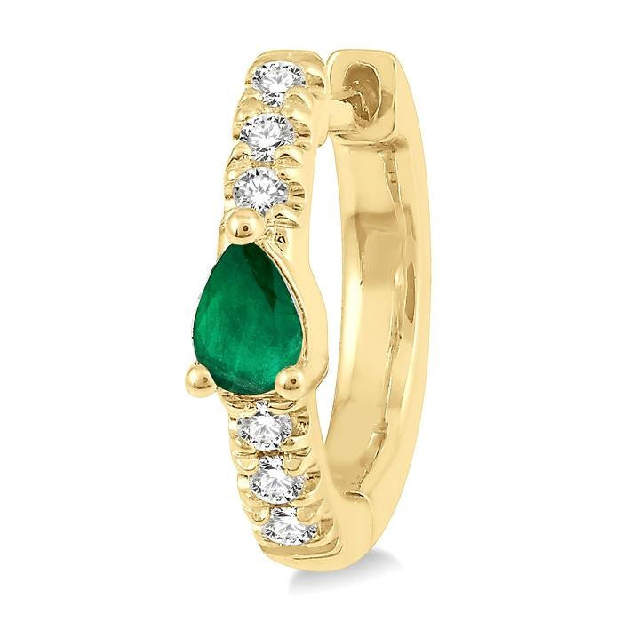 4X3 MM Pear Cut Emerald and 1/10 Ctw Round Cut Diamond Petite Huggie Earrings in 10K Yellow Gold