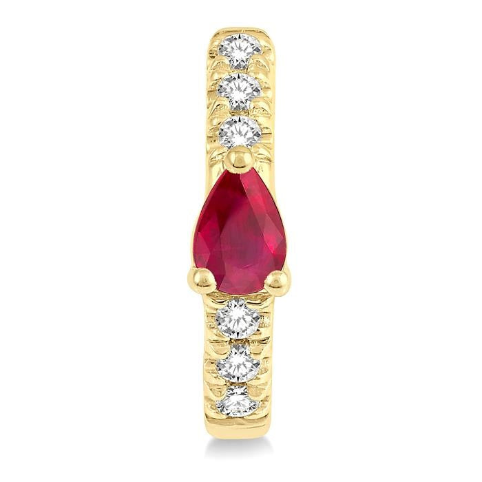 4X3 MM Pear Cut Ruby and 1/10 Ctw Round Cut Diamond Petite Huggie Earrings in 10K Yellow Gold