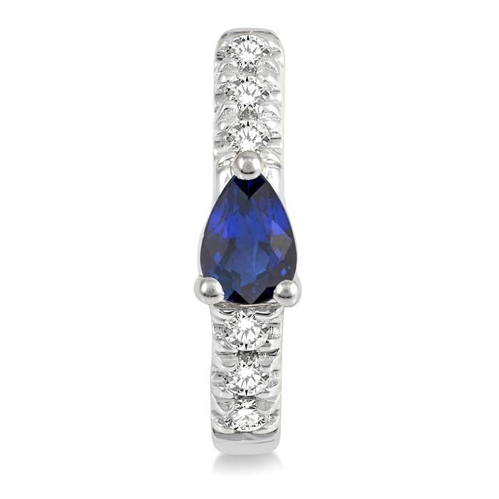 4X3 MM Pear Cut Sapphire and 1/10 Ctw Round Cut Diamond Petite Huggie Earrings in 10K White Gold