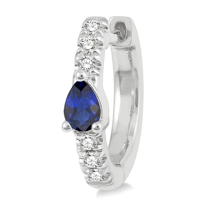 4X3 MM Pear Cut Sapphire and 1/10 Ctw Round Cut Diamond Petite Huggie Earrings in 10K White Gold