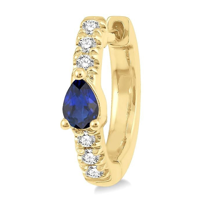 4X3 MM Pear Cut Sapphire and 1/10 Ctw Round Cut Diamond Petite Huggie Earrings in 10K Yellow Gold
