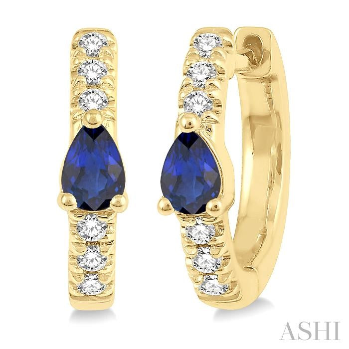 4X3 MM Pear Cut Sapphire and 1/10 Ctw Round Cut Diamond Petite Huggie Earrings in 10K Yellow Gold