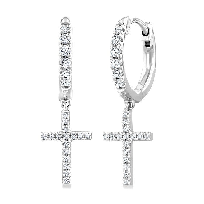 1/3 Ctw Round Cut Diamond Cross Charm Petite Fashion Huggie Earrings in 14K White Gold