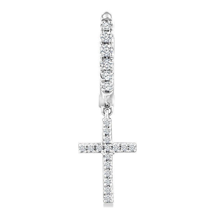 1/3 Ctw Round Cut Diamond Cross Charm Petite Fashion Huggie Earrings in 14K White Gold