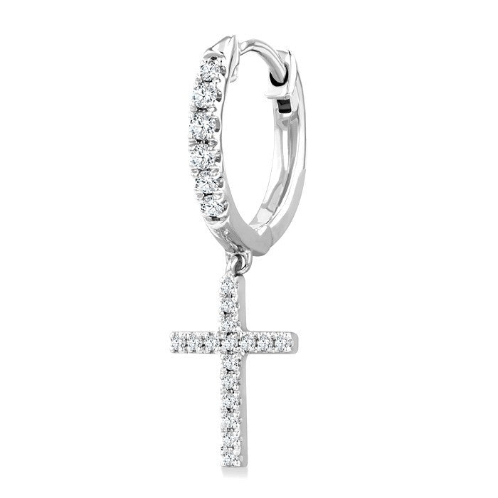 1/3 Ctw Round Cut Diamond Cross Charm Petite Fashion Huggie Earrings in 14K White Gold