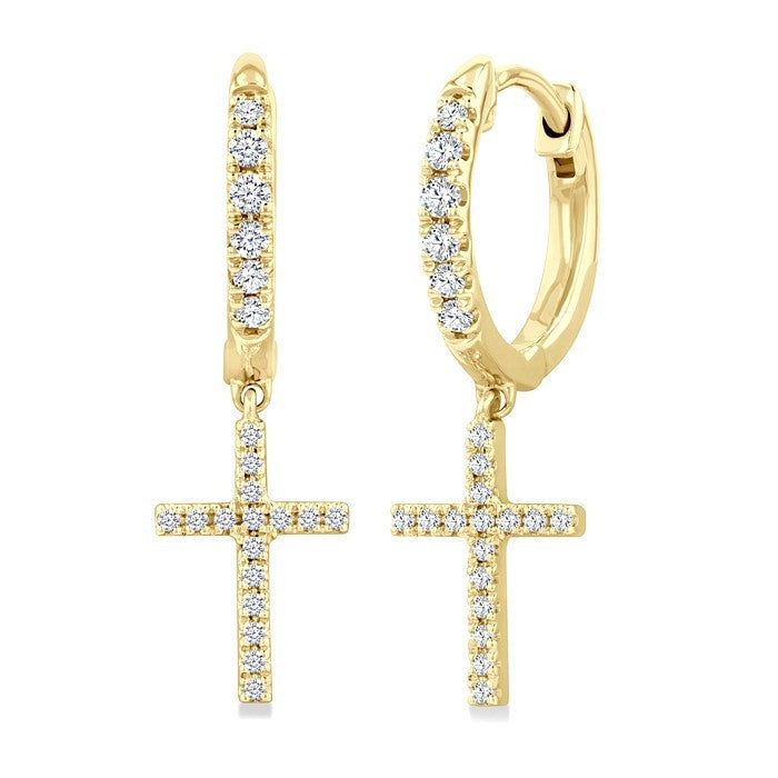 1/3 Ctw Round Cut Diamond Cross Charm Petite Fashion Huggie Earrings in 14K Yellow Gold