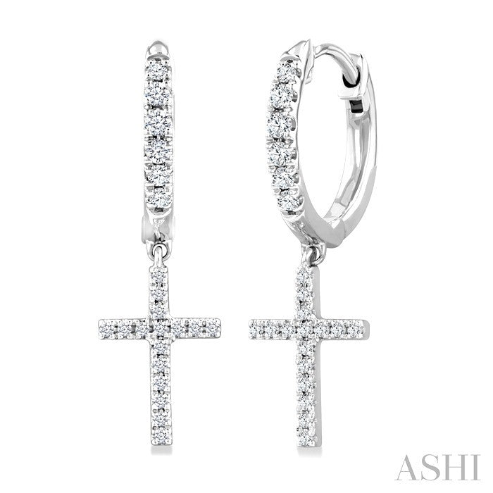 1/3 Ctw Round Cut Diamond Cross Charm Petite Fashion Huggie Earrings in 14K White Gold
