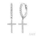 1/3 Ctw Round Cut Diamond Cross Charm Petite Fashion Huggie Earrings in 14K White Gold