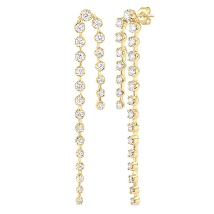 1 Ctw Round Cut Diamond Twin Row Fashion Long Earrings in 14K Yellow Gold