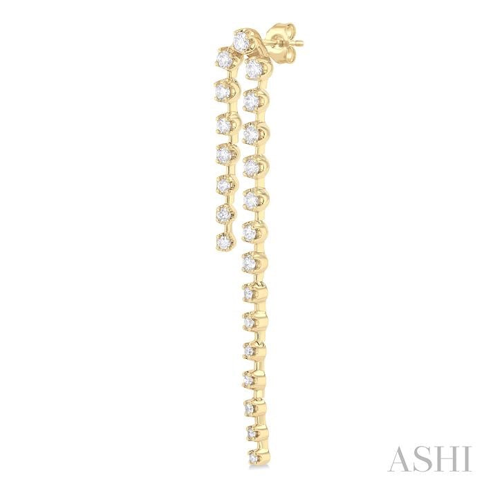 1 Ctw Round Cut Diamond Twin Row Fashion Long Earrings in 14K Yellow Gold