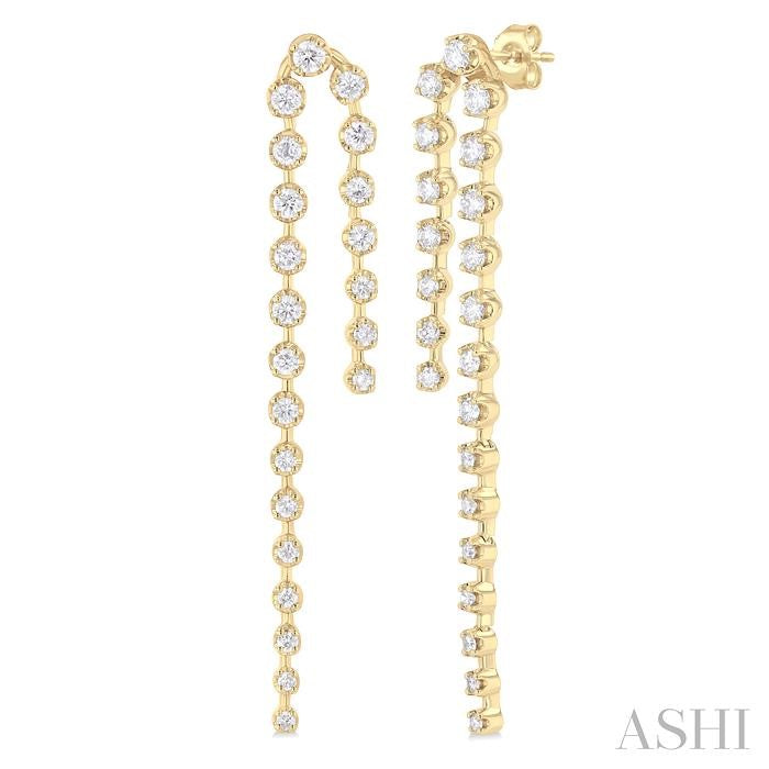 1 Ctw Round Cut Diamond Twin Row Fashion Long Earrings in 14K Yellow Gold