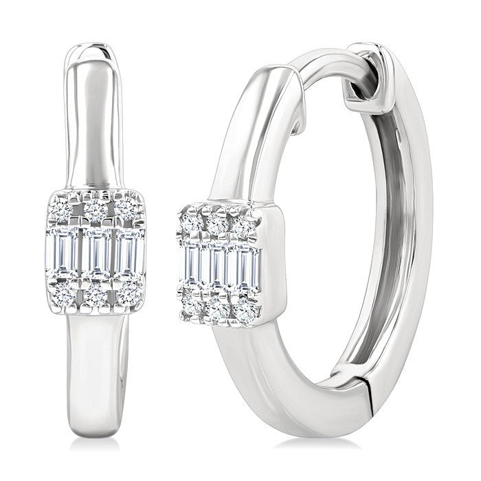 1/10 Ctw Petite Rectangular Center Fusion Baguette and Round Cut Diamond Fashion Huggies in 10K White Gold