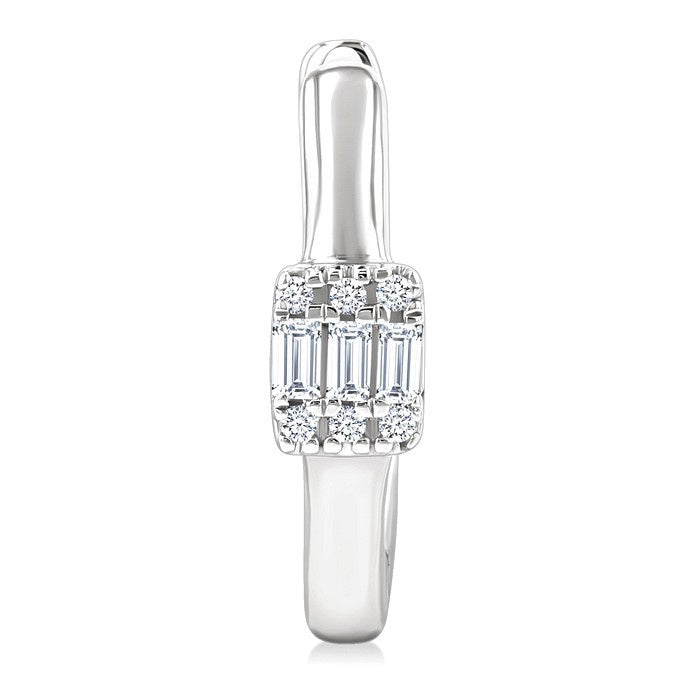 1/10 Ctw Petite Rectangular Center Fusion Baguette and Round Cut Diamond Fashion Huggies in 10K White Gold