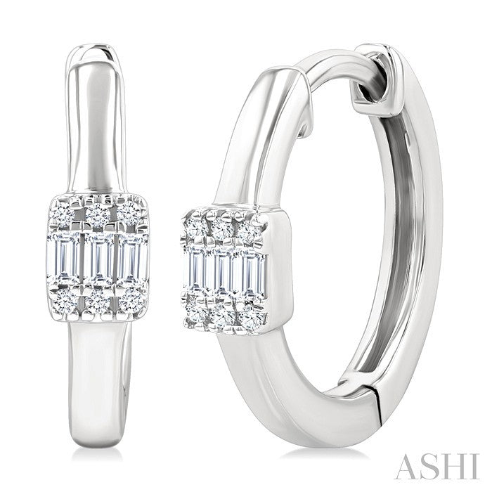 1/10 Ctw Petite Rectangular Center Fusion Baguette and Round Cut Diamond Fashion Huggies in 10K White Gold