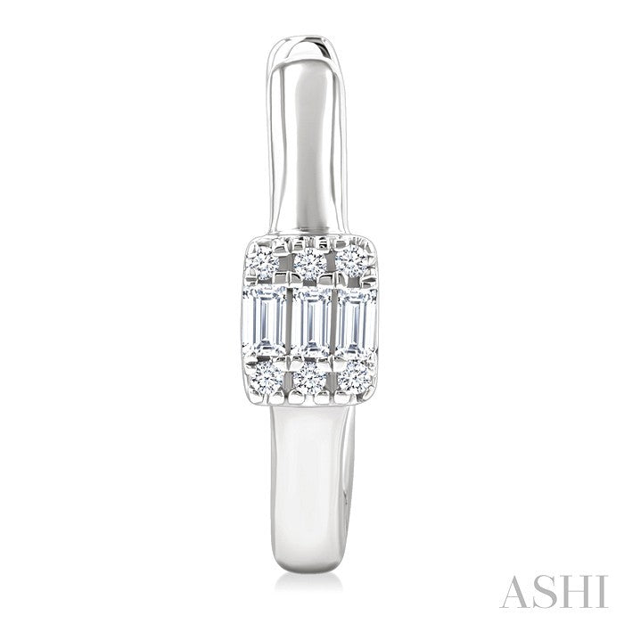 1/10 Ctw Petite Rectangular Center Fusion Baguette and Round Cut Diamond Fashion Huggies in 10K White Gold