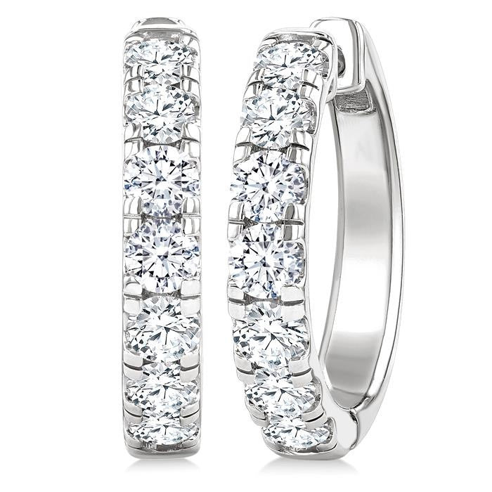 2 Ctw Round Cut Diamond Hoop Earrings in 14K White Gold