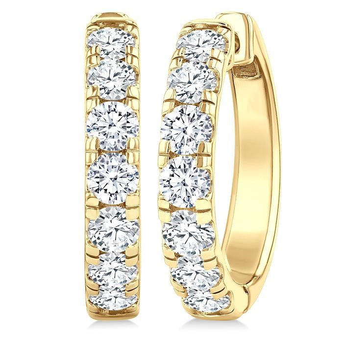 2 Ctw Round Cut Diamond Hoop Earrings in 14K Yellow Gold