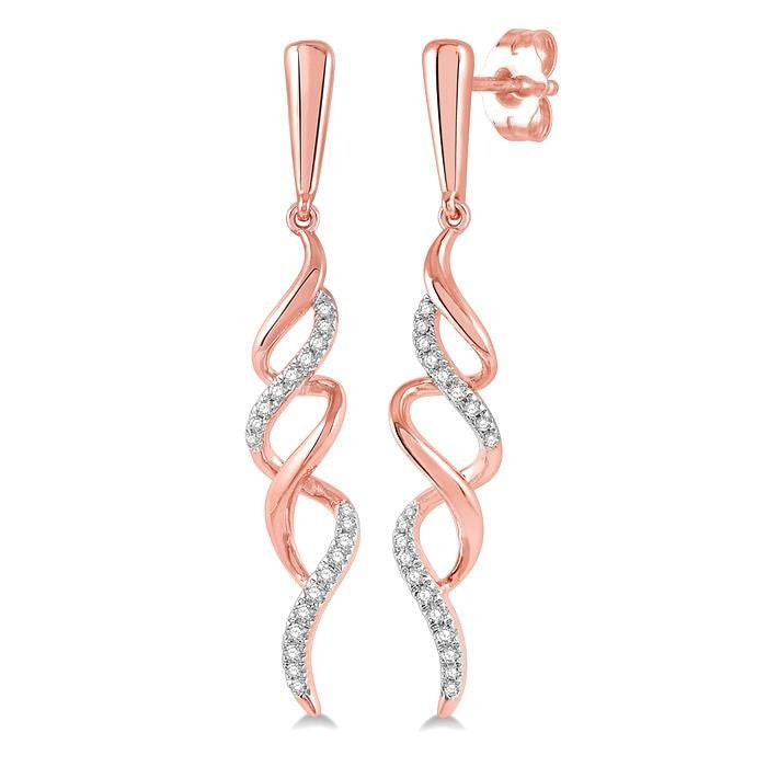 1/6 Ctw Ribbon Swirl Round Cut Diamond Long Earrings in 10K Rose Gold